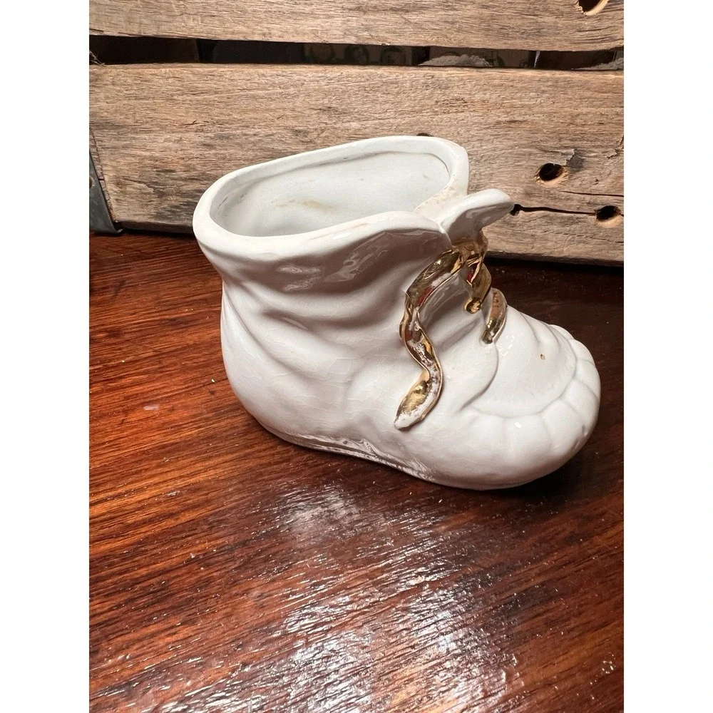 White Vintage Baby Shoe Planter Gold accents Ceramic Succulent‎ Nursery Baby